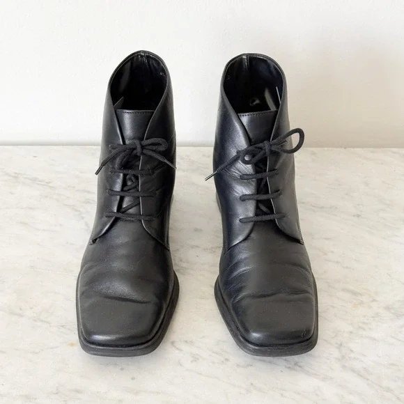 Pesaro Vintage Black Leather Square Toe Lace Up Block Heel Ankle Boots 7.5 - Picture 3 of 4